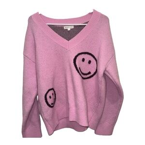 GREY LAB Pink V-Neck Sweater with Smiley Faces